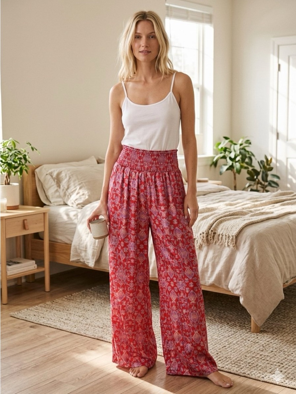 Free People Red Patterned Smocked-Waist Silky Wide Leg Pants